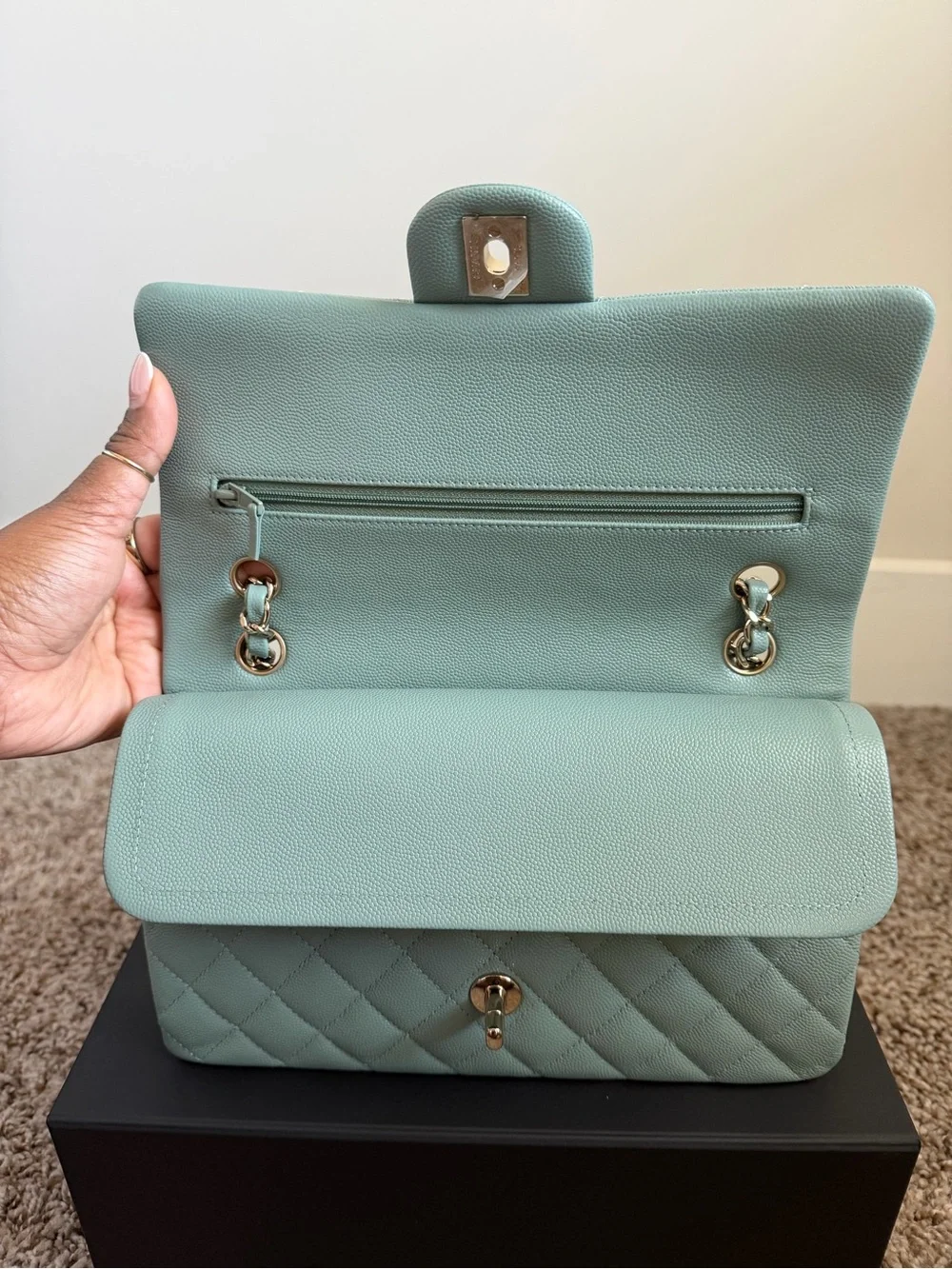 22C CHANEL Medium Classic Flap Light Green with Gold Hardware